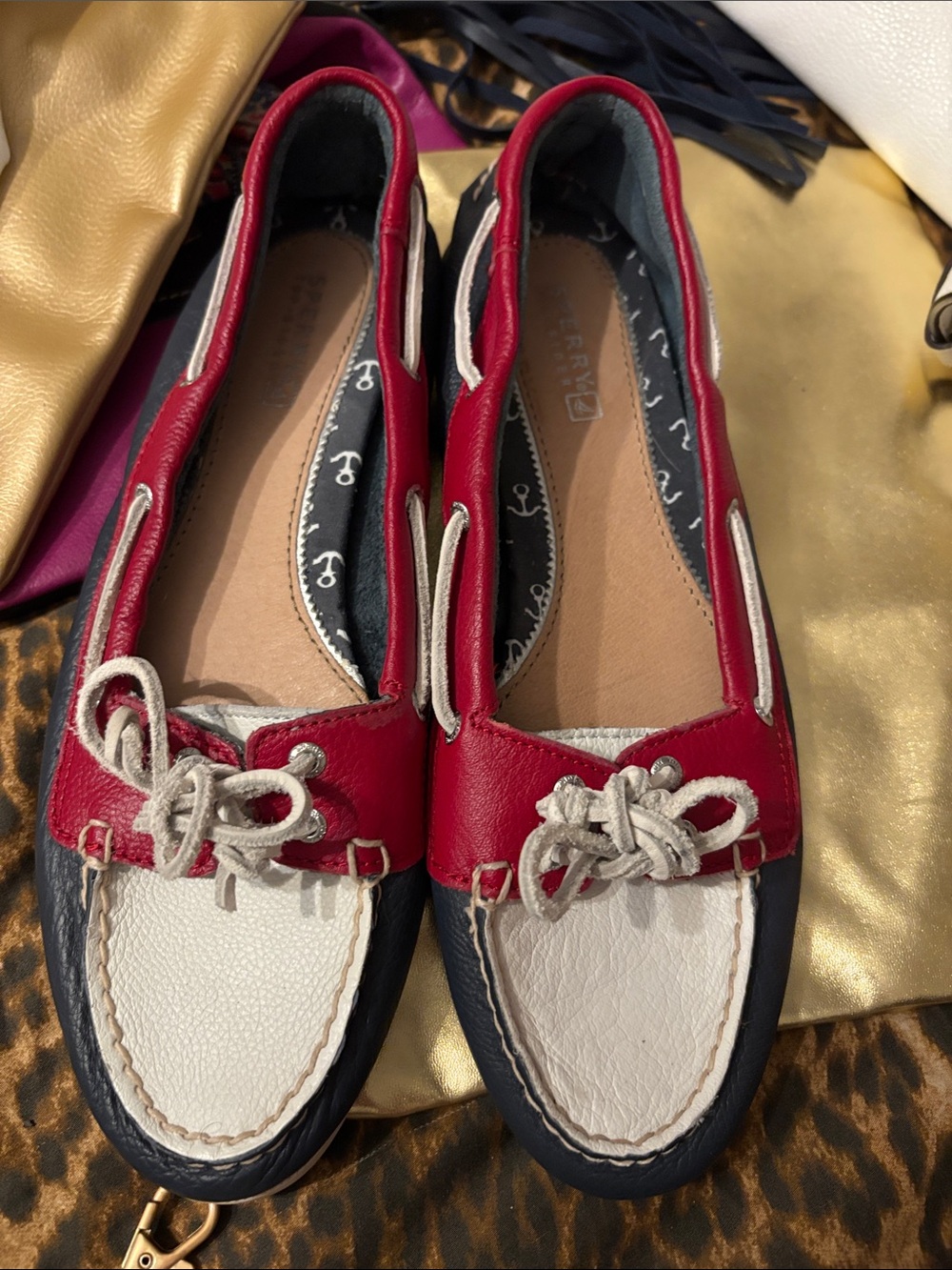 Sperry Red White and Navy Leather Women’s Boat Loafers